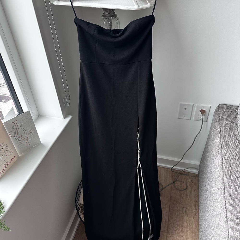 Meshki Black Slip Dress with High Slit and Diamante Detail for Cocktail